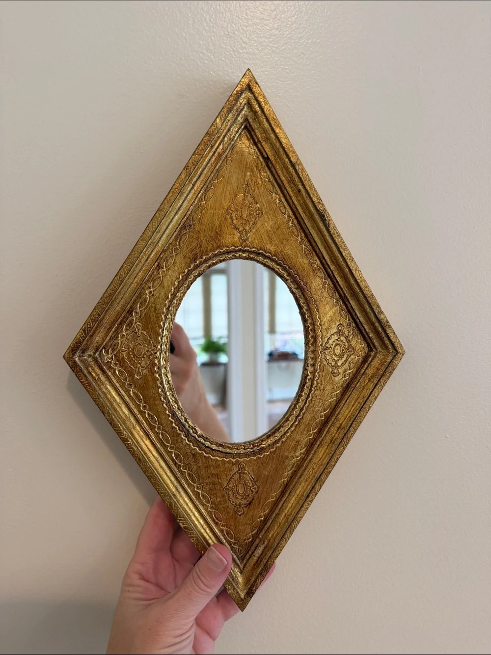 Vintage Italian Florentine Wood Gold Diamond Shape Mirror.